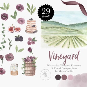Könnte beinhalten: Ein Set mit 29 Aquarell-Illustrationen mit Weinbergs- und Blumendekorationen. Das Set enthält eine Weinbergslandschaft, Blumen, Blätter, Feigen, Beeren, einen Kuchen, eine Kerze und ein Holzfass. Der Text "Vineyard" ist in einer dekorativen Schrift geschrieben. Das Set ist perfekt für die Erstellung von Einladungen, Karten und anderen Projekten.
