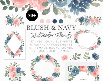 Blush Pink Navy Watercolor Florals Clipart Flower Clipart Wedding Invitation Digital Paper Background Floral Wreath Border Frame PNG /B47-02