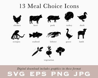 MEAL CHOICE Icons for RSVP Card, Place Card Beef, Vegetarian, Fish, Lobster, Poultry, Lamb, Pork / Save the Date / Wedding Printable /B14-03