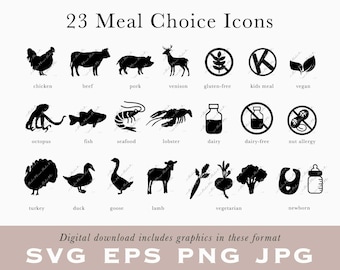Meal Choice Icons Beef Vegetarian Pork Seafood Vegan Gluten-free Nut Allergy Newborn Kids Menu Dairy-free RSVP Place Card SVG PNG /B14-06