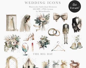 Boho Wedding Icon, Wedding Event Timeline Clipart Schedule Of Events Watercolor Cake Drinks Guitar Garden Rings Neutral Earthy Icons /B92-01