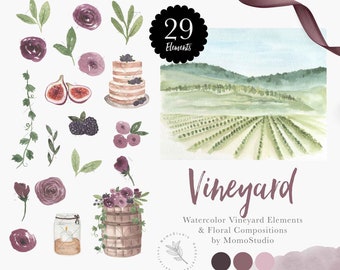 Romantic Vineyard Watercolor Landscape Clipart, Wedding Invitation Clipart, Cake Grapevine Barrel Clipart, Wine label favor gift tag /B62-01