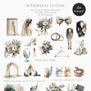 Boho Wedding Icon, Wedding Event Timeline Clipart Schedule Of Events Watercolor Cake Drinks Guitar Garden Rings Neutral Earthy Icons /B92-01