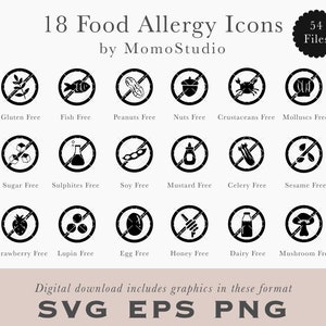 Lebensmittelallergie Symbole: Gluten, Nüsse, Krebstiere, Fisch, Milchprodukte, Eier, Lupinen, Sulfite, Soja, Weichtiere / Verpackungsmenü EPS SVG PNG /B75-03