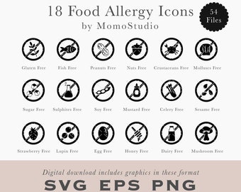 Food Allergy Icons: Gluten, Tree Nuts, Crustaceans, Fish, Dairy, Eggs, Lupin, Sulphites, Soy, Molluscs / Packaging Menu EPS SVG PNG /B75-03