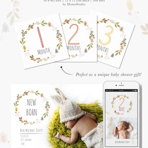 Baby First Year Milestone Clipart, Baby Monthly Milestone png, Digital Baby Floral Milestone Stickers, Baby Shower Gift Scrapbooking /B45-01 image 4