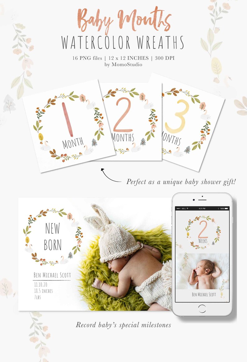Baby First Year Milestone Clipart, Baby Monthly Milestone png, Digital Baby Floral Milestone Stickers, Baby Shower Gift Scrapbooking /B45-01 image 4