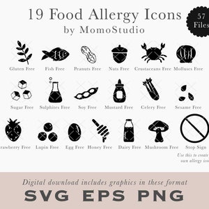 Iconos de alergia alimentaria: gluten, frutos secos, crustáceos, pescado, lácteos, huevos, altramuces, sulfitos, soja, moluscos / Menú de envases EPS SVG PNG /B75-04