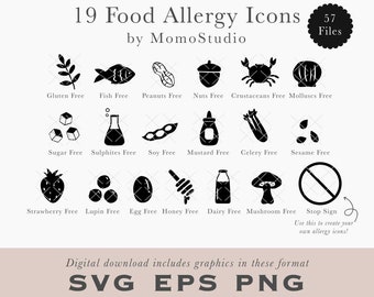 Food Allergy Icons: Gluten, Tree Nuts, Crustaceans, Fish, Dairy, Eggs, Lupin, Sulphites, Soy, Molluscs / Packaging Menu EPS SVG PNG /B75-04