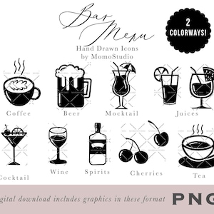Bar Menü Icons, Bier, Cocktail, Saft, Mock Tail, Spirituosen, Kaffee, Tee, Hochzeit Bar Menü Clipart, Restaurant Getränkekarte SVG EPS PNG /B21-02