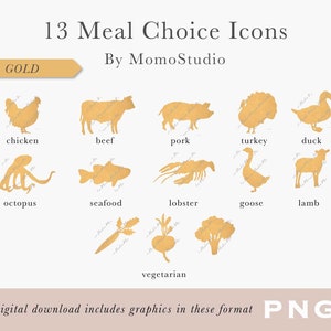 Icônes CHOIX DE REPAS en or pour carte RSVP, marque-places boeuf végétarien poisson homard volaille agneau porc icône / mariage imprimable bricolage png / B14-12