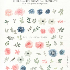 Watercolor BLUSH NAVY Florals Clipart: Spring Greenery Florals PNG ...