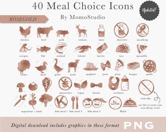 MEAL CHOICE Icon Rosegold Beef Vegetarian Vegan Gluten-free Dairy-Free Burrito Taco Quesadilla Pasta RSVP Place Card Icon diy png /B14-18
