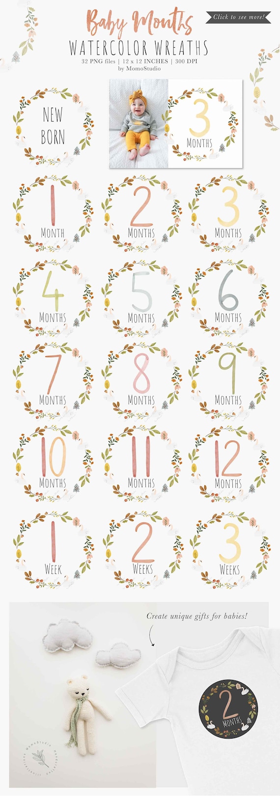 Baby First Year Milestone Clipart, Baby Monthly Milestone png, Digital Baby Floral Milestone Stickers, Baby Shower Gift Scrapbooking /B45-01