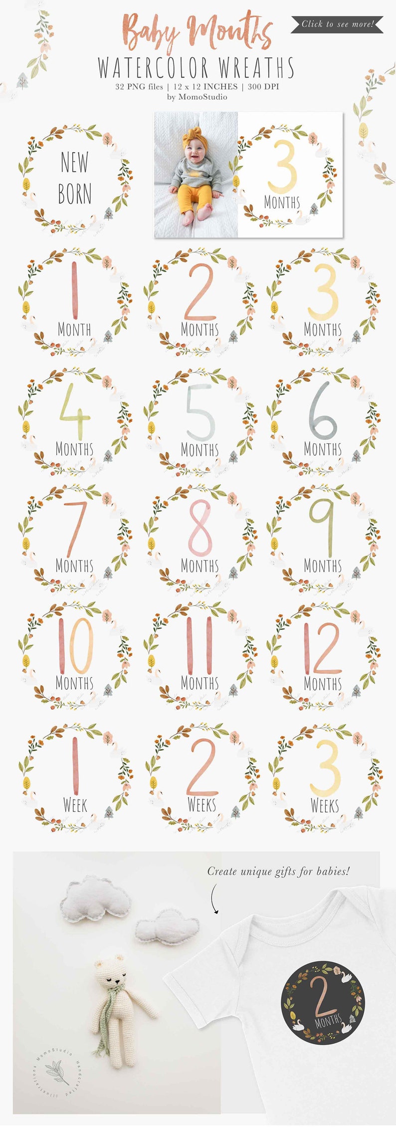 Baby First Year Milestone Clipart, Baby Monthly Milestone png, Digital Baby Floral Milestone Stickers, Baby Shower Gift Scrapbooking /B45-01 image 1