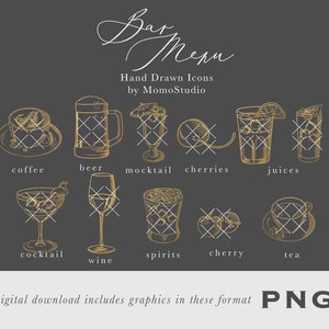BAR MENÜ Icons in Gold Bier Cocktail Saft Mocktail Spirituosen Kaffee Tee Hochzeit Bar Menü Clipart Restaurant Getränkekarte Symbol diy png /B21-08