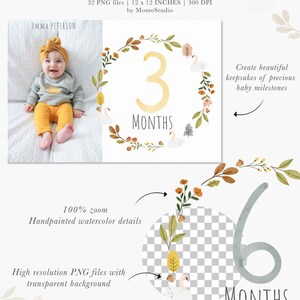 Baby First Year Milestone Clipart, Baby Monthly Milestone png, Digital Baby Floral Milestone Stickers, Baby Shower Gift Scrapbooking /B45-01 image 2