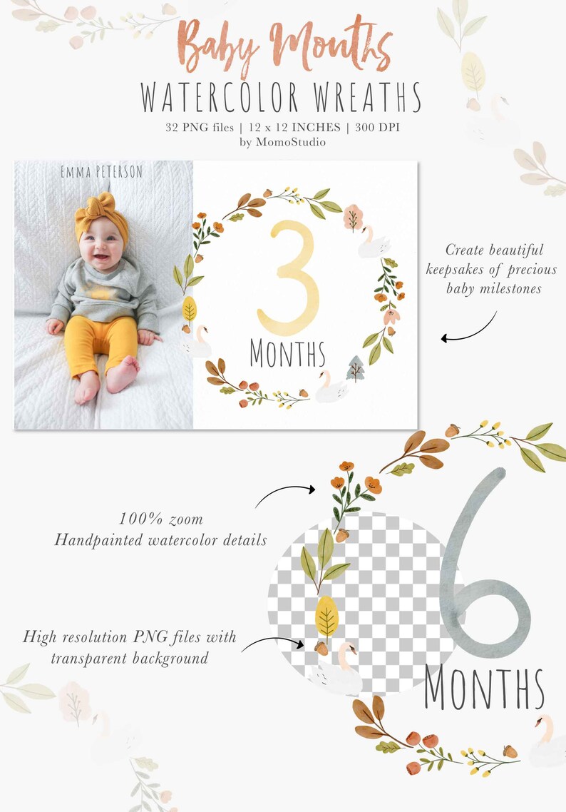 Baby First Year Milestone Clipart, Baby Monthly Milestone png, Digital Baby Floral Milestone Stickers, Baby Shower Gift Scrapbooking /B45-01 image 2