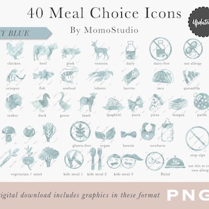 Icônes aquarelles AU CHOIX DE REPAS : bœuf, végétarien, végétalien, sans gluten, burrito, tacos, quesadilla, pâtes, lasagne / Carte RSVP indigo png /B14-20