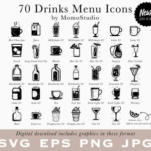 Icone del menu delle bevande SVG EPS PNG jpg Birra, Cappuccino, Champagne, Cocktail, Caffè, Espresso, Margarita, Vodka, Vino, Frullato Icona /C11-01