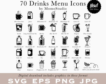 Drinks Menu Icons SVG EPS PNG jpg Beer, Cappuccino, Champagne, Cocktail, Coffee, Espresso, Margarita, Vodka, Wine, Smoothie Icon /C11-01