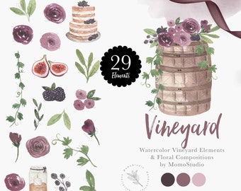 Romantic Vineyard Watercolor Landscape Clipart Wedding Invitation Clipart Winery Grapevine Barrel Clipart Wine label favor gift tag /B62-01
