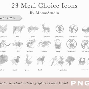 Aquarelle Icônes CHOIX DE REPAS Boeuf Végétarien Porc Fruits de mer Végétalien Sans gluten Nouveau-né Menu enfant Sans produits laitiers RSVP Marque-places bricolage png / B14-05