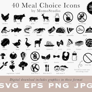 Icônes de choix de repas en SVG EPS PNG jpg - boeuf, végétarien, végétalien, sans gluten, sans produits laitiers, burrito, végétalien, quesadilla, pâtes, chevreuil / B14-16