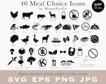 Meal Choice Icons in SVG EPS PNG jpg - Beef, Vegetarian, Vegan, Gluten-free, Dairy-Free, Burrito, Vegan, Quesadilla, Pasta, Venison /B14-16