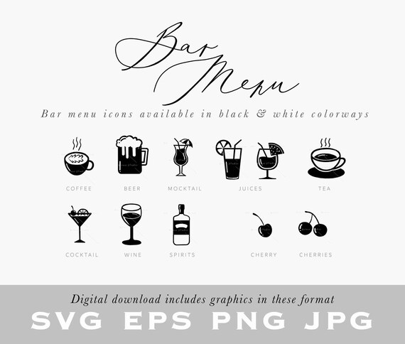 Download Bar Menu Icons Beer Cocktail Juice Mock Tail Spirits Etsy