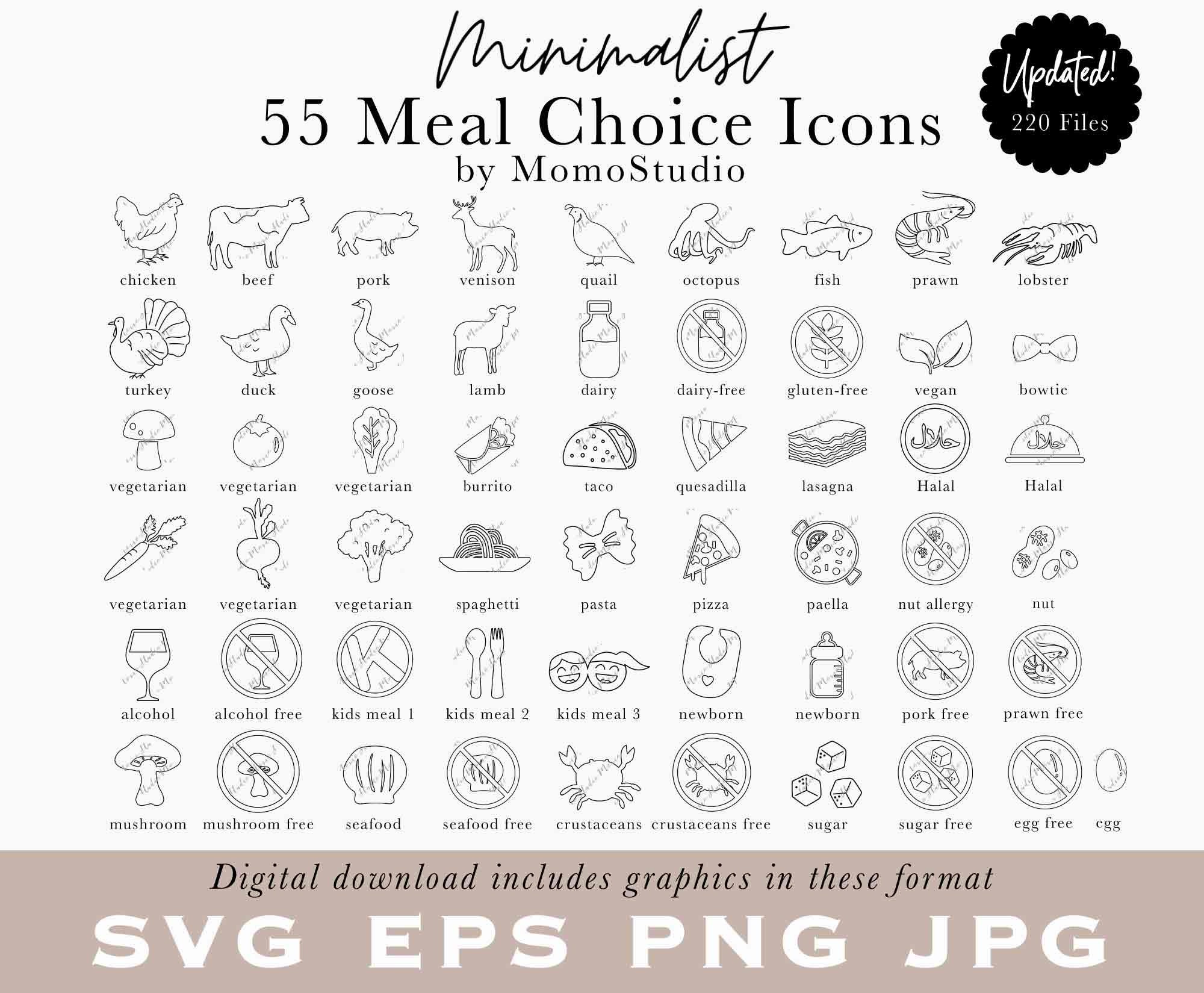 Meal Choice Icons in SVG EPS PNG jpg Minimalist food icons Beef, Vegetarian, Vegan, Gluten-free, Dairy-Free Burrito Vegan Quesadilla /B14-55
