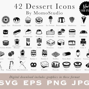 Dessert Icons / Bäckerei Menü / Essen Clipart / Kuchen Gebäck Patisserie Käsekuchen Apfel Tarte Creme Brulee Antwortkarte SVG PNG /B86-04