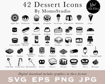 Dessert Icons / Bakery Menu / Food Clipart / Cakes Pastries Patisserie Cheesecake Apple Tart Creme Brulee RSVP Place Card SVG PNG /B86-04