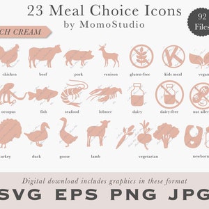 Mahlzeit Wahl-Ikonen Rind Vegetarisch Schweinefleisch Fisch Vegan Gluten-frei Nuss Allergie Neugeborenen Kinder-Menü Milchfrei Antwortkarte PNG Pfirsich /B14-23