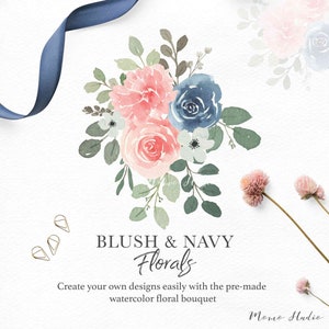 Watercolor BLUSH NAVY Florals Clipart: Spring Greenery Florals PNG ...