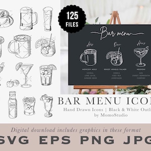 BAR MENU Ícones Cerveja Coquetel Suco Mocktail Bebidas Espirituosas Café Chá Casamento Bar Menu Clipart Restaurante Bebidas Menu Ícone Cozinha png svg /B21-31