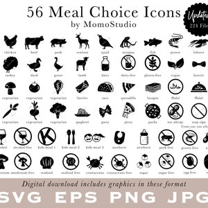 Iconos de elección de comidas en SVG EPS PNG jpg: carne de res, vegetariana, vegana, sin gluten, sin lácteos, burrito, vegana, quesadilla, pasta, venado /B14-45