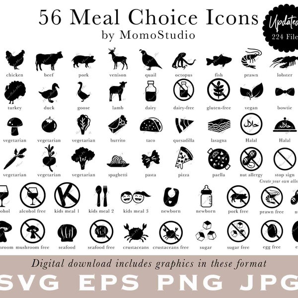 Meal Choice Icons in SVG EPS PNG jpg - Beef, Vegetarian, Vegan, Gluten-free, Dairy-Free, Burrito, Vegan, Quesadilla, Pasta, Venison /B14-45