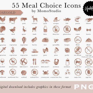 MAHLZEIT-WAHL-Symbol Rosegold Rind Vegetarisch Vegan Glutenfrei Milchfrei Burrito Taco Quesadilla Pasta usw