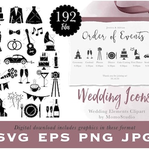 Ícones de casamento, clipart de cronograma de festa de casamento, cronograma de eventos, bolo de aquarela, bebidas, anéis de guitarra, dança, etiqueta de presente de favor png /B84-01