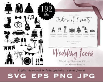 Wedding Icons, Wedding Party Timeline Clipart, Schedule Of Events, Watercolor Cake Drinks Guitar Rings Dance, favor gift tag png /B84-01