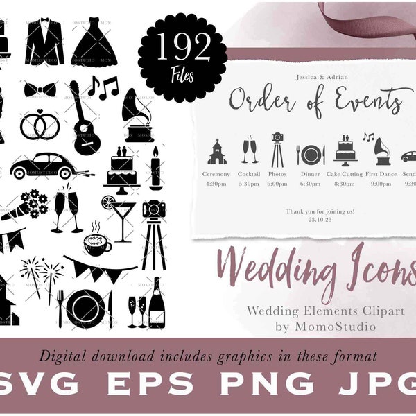 Wedding Icons, Wedding Party Timeline Clipart, Schedule Of Events, Watercolor Cake Drinks Guitar Rings Dance, favor gift tag png /B84-01