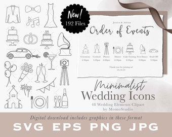 Minimalist Wedding Icons, Wedding Party Timeline Clipart, Schedule Of Events, Watercolor Cake Drinks Rings Dance, favor gift tag png /C12-01