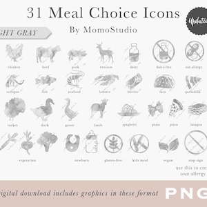 Aquarel MAALTIJDKEUZE-iconen: rundvlees, vegetarisch, veganistisch, glutenvrij, burrito, taco, quesadilla, pasta, lasagne / Icoon RSVP-plaatskaart /B14-08