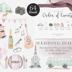 Ícones de casamento, clipart de cronograma de festa de casamento, cronograma de eventos, bolo de aquarela, bebidas, guitarra, celeiro, anéis, ônibus, etiqueta de presente png /B80-01