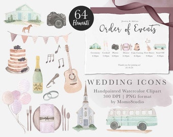 Wedding Icons, Wedding Party Timeline Clipart, Schedule Of Events, Watercolor Cake Drinks Guitar Barn Rings Bus, favor gift tag png /B80-01