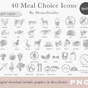 Icônes aquarelles AU CHOIX DE REPAS : bœuf, végétarien, végétalien, sans gluten, burrito, tacos, quesadilla, pâtes, lasagne / Icône de marque-place RSVP / B14-17