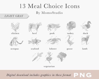 Watercolor MEAL CHOICE Icons for RSVP Cards Place Cards Beef Vegetarian Fish Lobster Poultry Lamb Pork Icons / Wedding Clipart png / B14-02