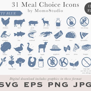 Meal Choice Icons in SVG EPS PNG jpg - Beef, Vegetarian, Vegan, Gluten-free, Dairy-Free, Burrito, Vegan, Quesadilla, Pasta, Venison /B14-26