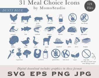 Meal Choice Icons in SVG EPS PNG jpg - Beef, Vegetarian, Vegan, Gluten-free, Dairy-Free, Burrito, Vegan, Quesadilla, Pasta, Venison /B14-26
